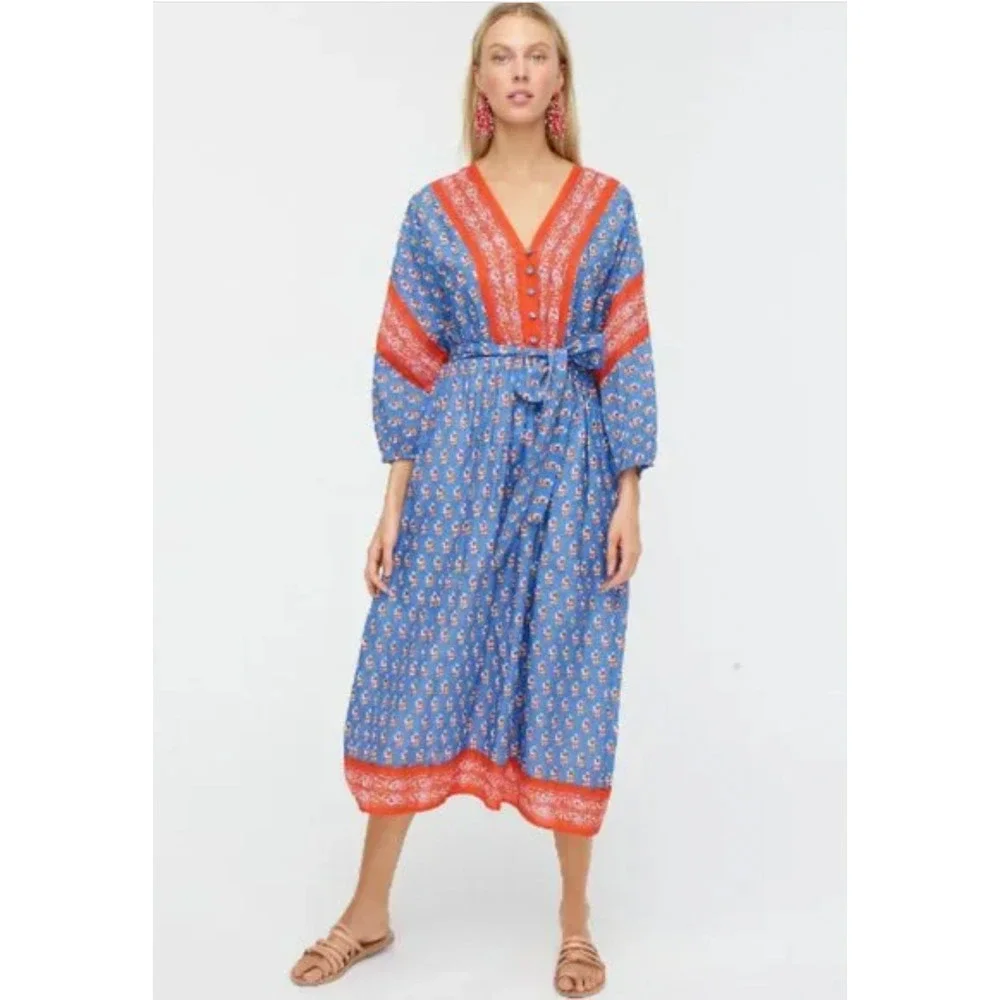 J. Crew‎ Beachwear Floral Print Coverall Dress Resort Wear Size S Blue Red